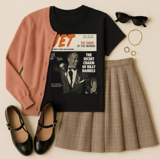 Vintage 1951 JET Magazine Billy Daniels t-shirt on black cotton tee styled with cardigan and skirt