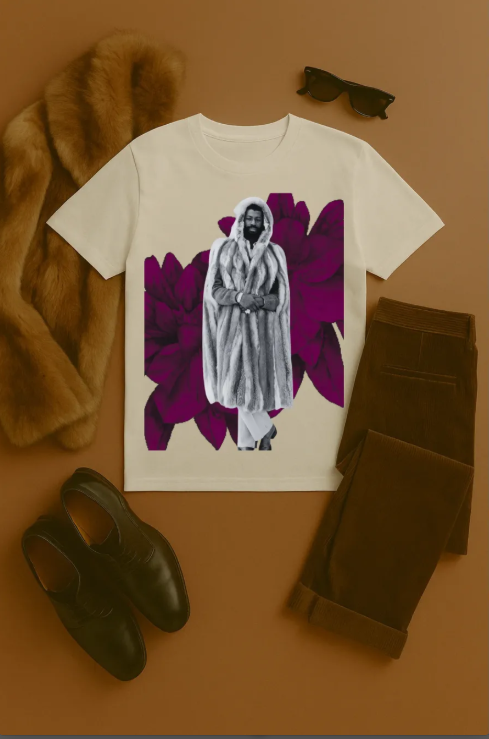 Teddy Pendergrass vintage soul music t-shirt with black and white portrait on purple floral background 