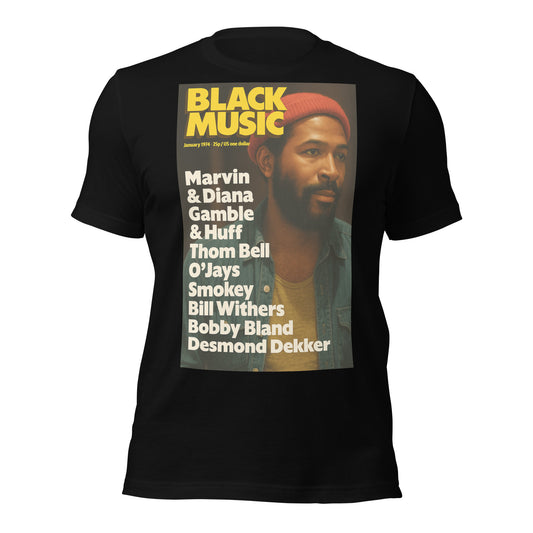 Marvin Gaye Black Music Magazine vintage t-shirt -  unisex cotton tee celebrating soul music legends and R&B history